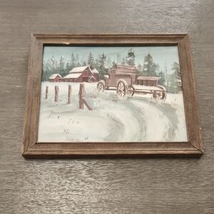 Vintage Hand Painted Rustic Winter Scene Framed Art